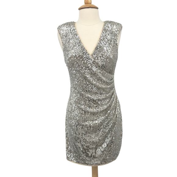 Aidan Mattox Faux Wrap Silver Sequin Ruched Cocktail Dress 12 Holiday Party NYE - Picture 2 of 12